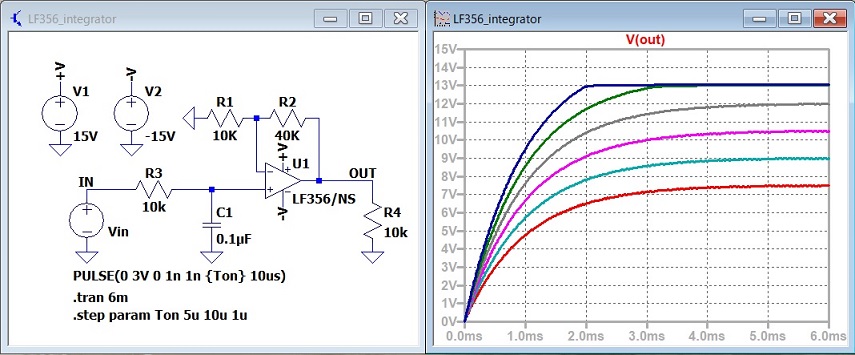 オペアンプLF356のSPICEモデルを使用した電圧出力回路のシミュレーション