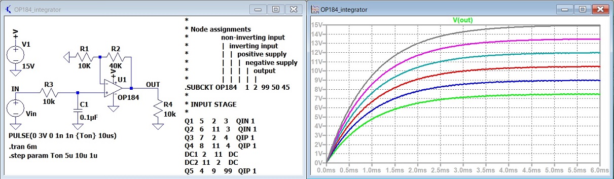 オペアンプOP184のSPICEモデルを使用した電圧出力回路のシミュレーション