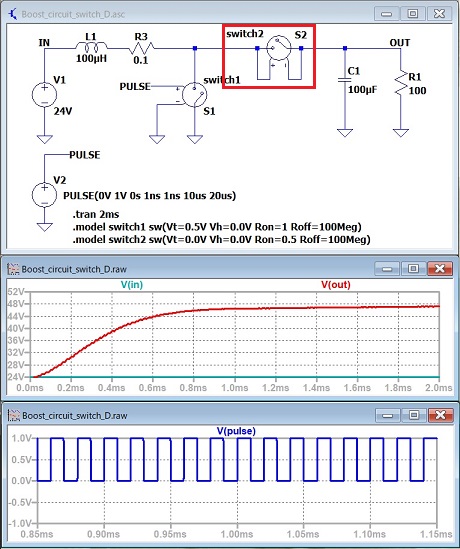 スイッチを使った昇圧スイッチング電源回路のシミュレーション