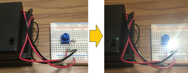 LEDと抵抗430Ωの電子回路の点灯実験