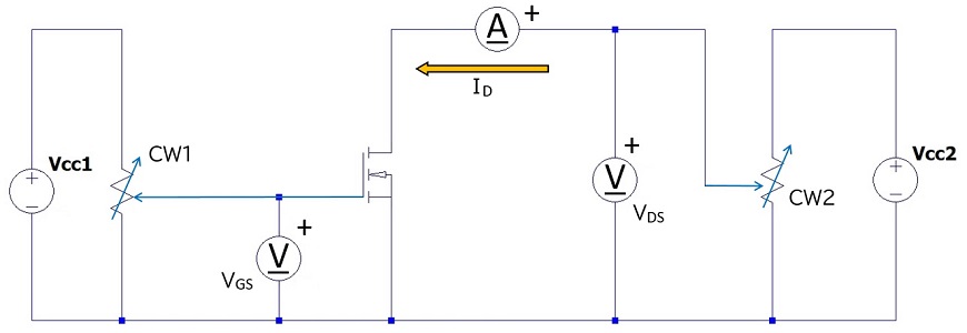 MOSFETの静特性（入力と出力特性）の測定回路