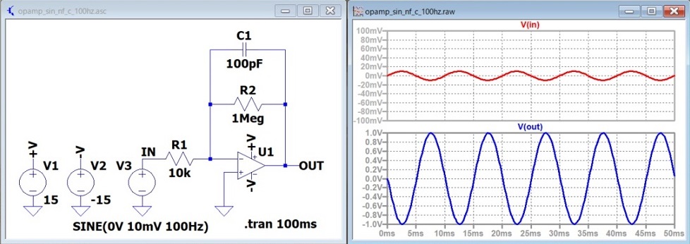 低い周波数のオペアンプ負帰還回路のシミュレーション