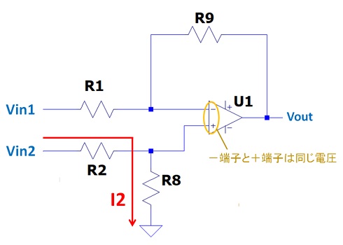 オペアンプ減算回路の抵抗で分割した電圧