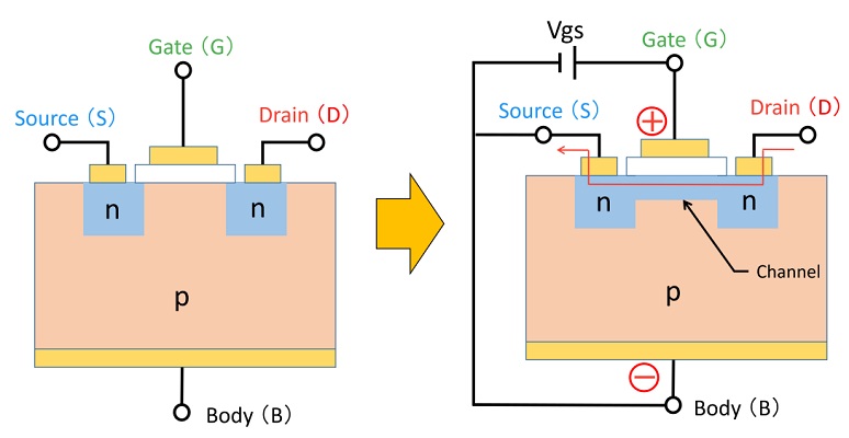 Operating principle of an N-channel enhancement-type MOSFET, showing channel formation when a positive gate voltage is applied.