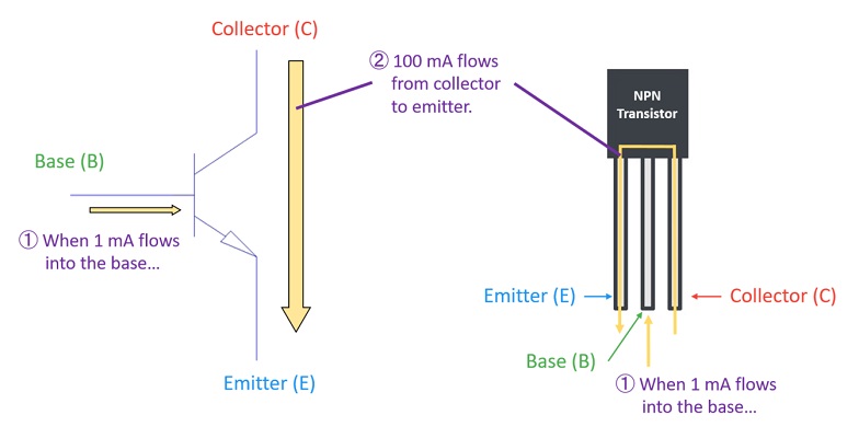 Transistor amplifying current — 1 mA base current produces 100 mA collector current