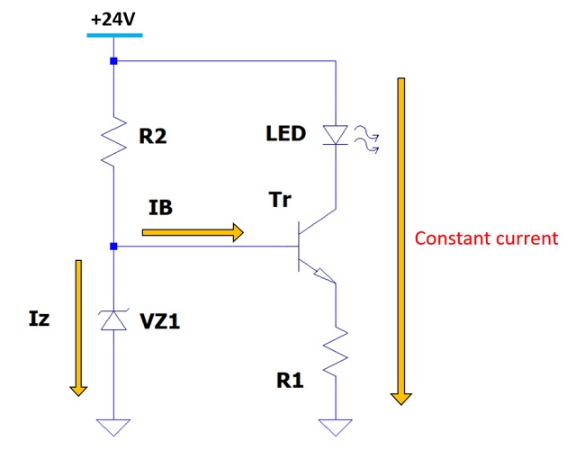 Current paths for resistor R2 in LED constant current circuit